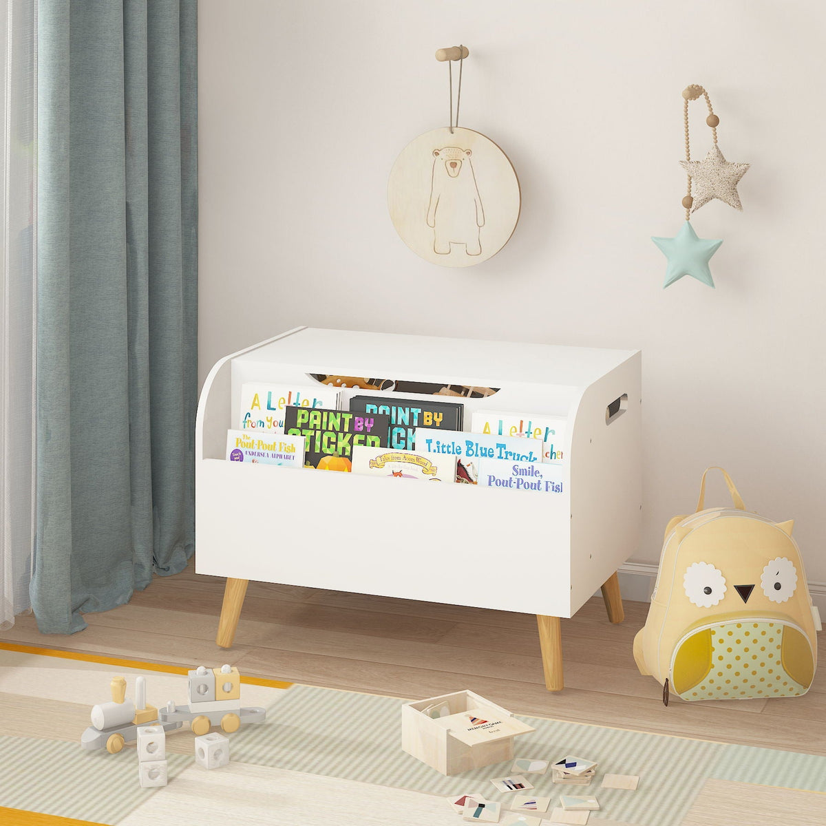 Toy Box With Front Bookshelf, Flip Top Lid, Safety Hinge For Kids Room Organization - White