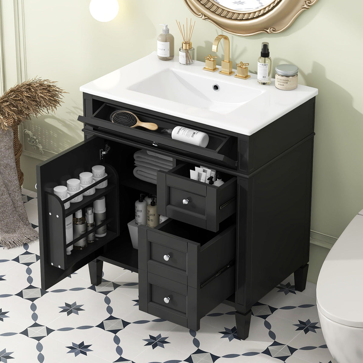 Bathroom Vanity With Top Sink, 2 Drawers & Tip Out Drawer