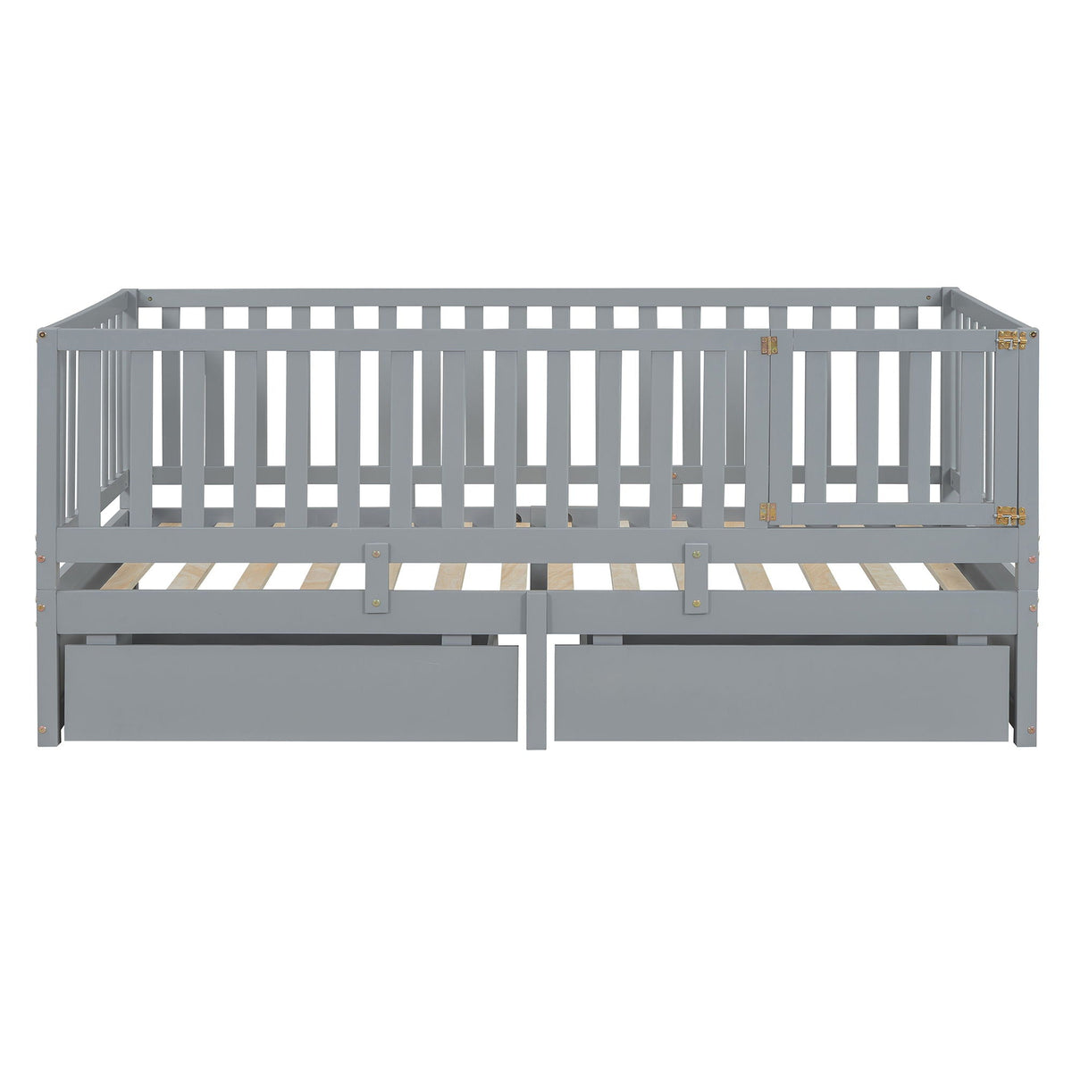 Daybed With Fence Guardrails And 2 Drawers, Split Into Independent Floor Bed & Daybed