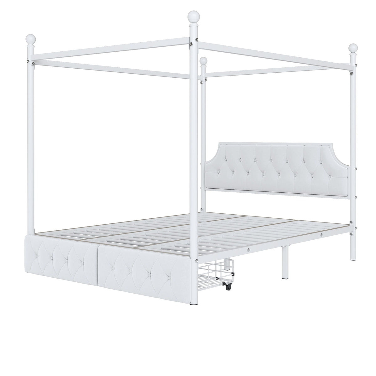 Queen Size Canopy Platform Bed With Upholstered Headboard And 2 Storage Drawers - White
