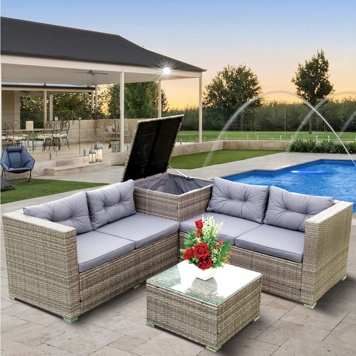 4 Piece Patio Sectional Wicker Rattan Outdoor Furniture Sofa Set With Storage Box
