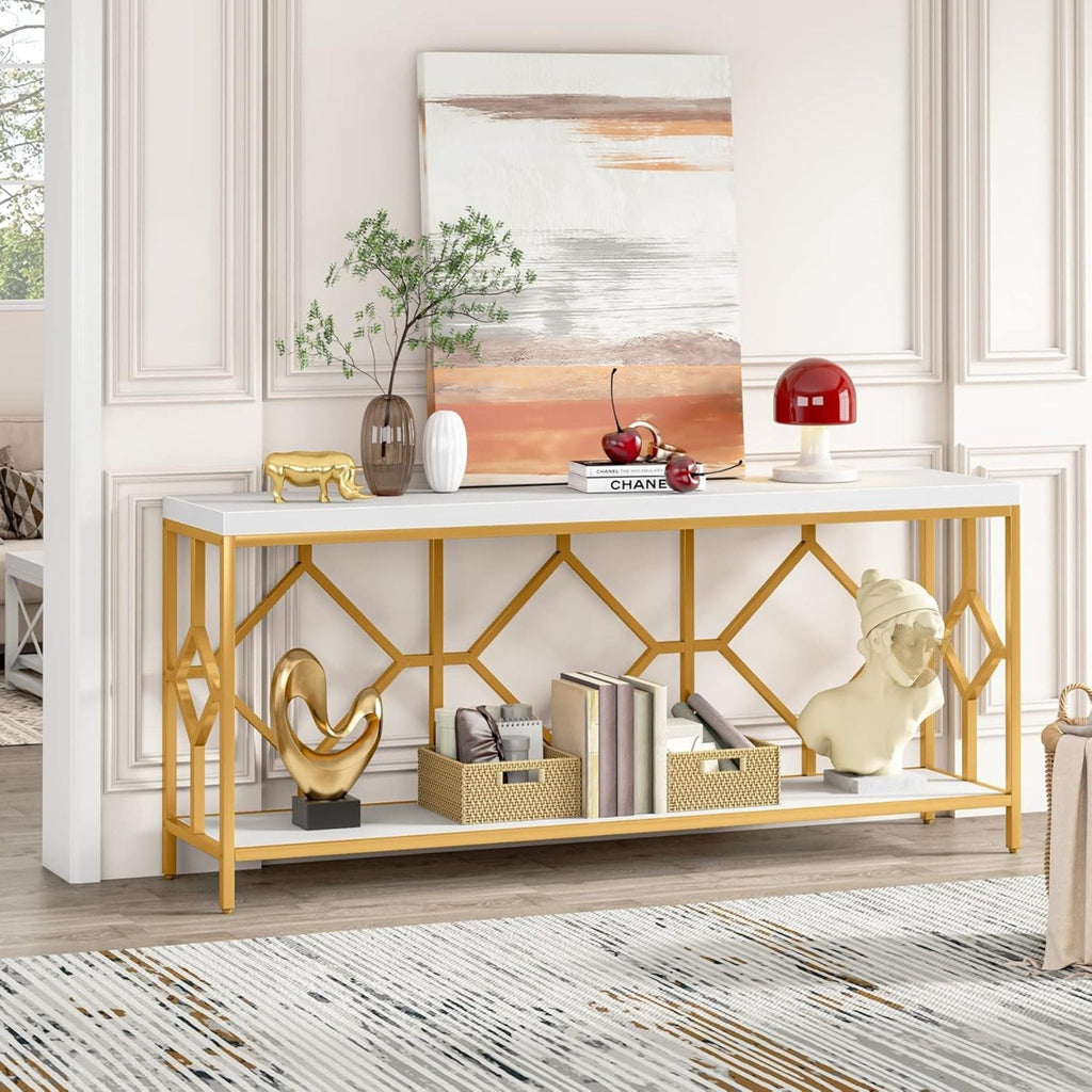 Extra Long Sofa Table With Diamond Pattern Frame, 2 Tier Open Storage For Living Room - White / Gold