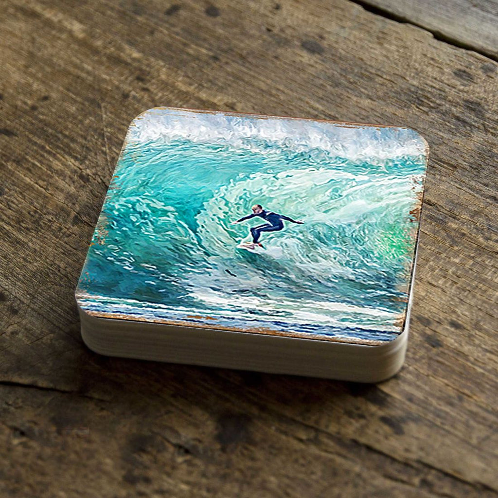 Surfer Coastal Wooden Cork Coasters Gift Set of 4 by Nature Wonders - Coastal Sea-Life Decor - 95227C-S4