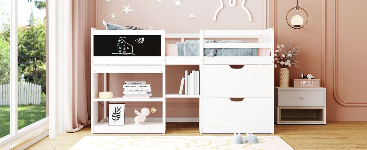Low Loft Bed With Rolling Desk, Shelf And Drawers