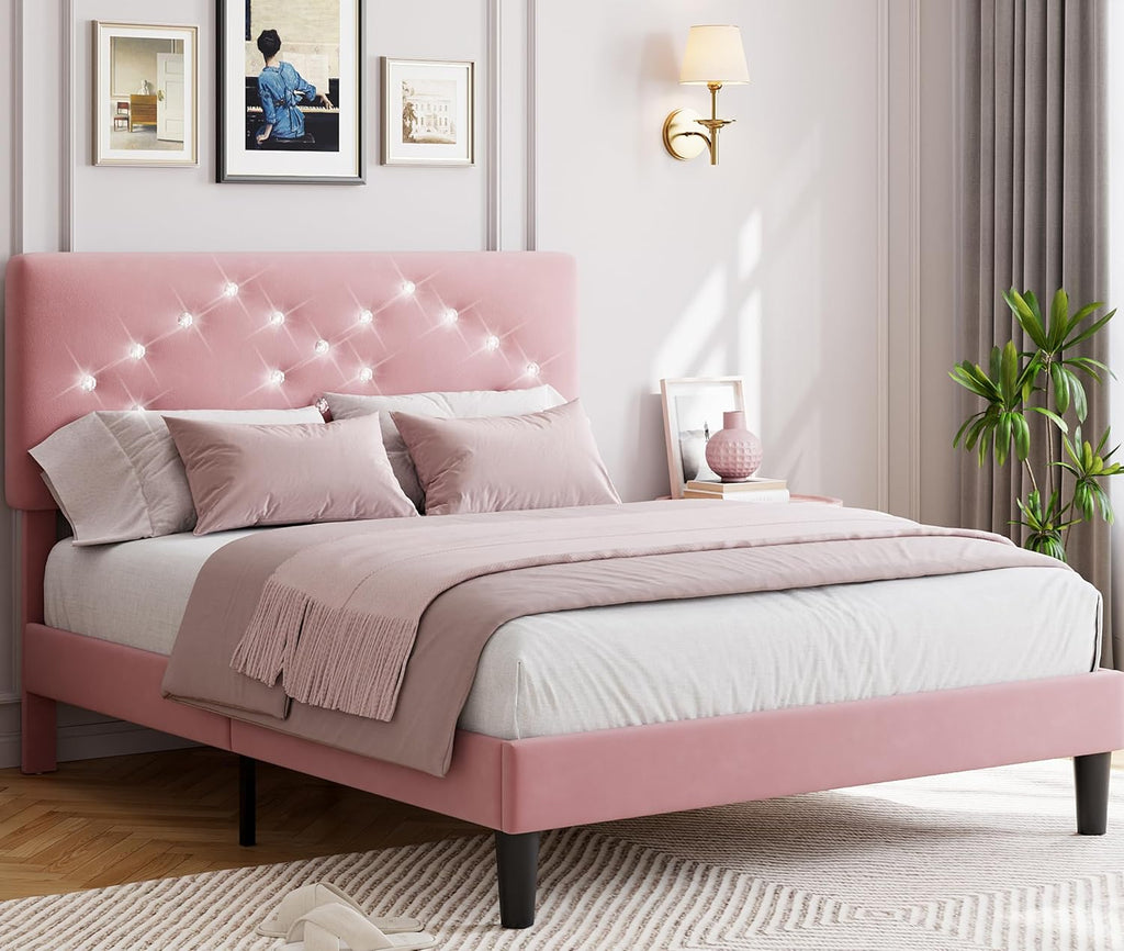 Queen Size Bed Frame with Headboard, Upholstered Platform Bed Frames Queen Size with Crystal Diamond Tufted for Girls/Kids Easy Assembly, Wooden Slats Support, No Box Spring Needed, Pink