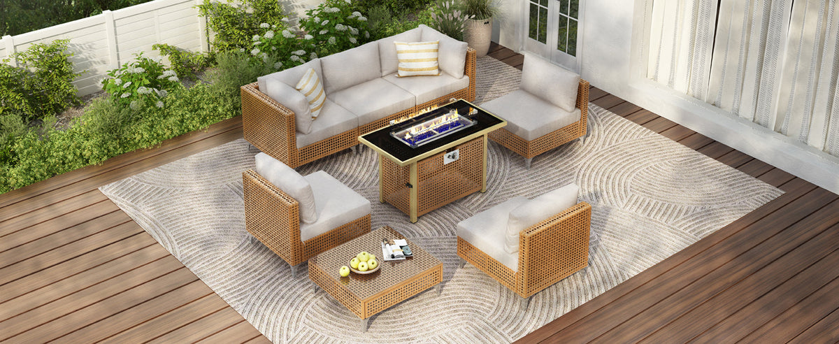 K&K 8-Piece Patio Furniture Set with Fire Pit Table