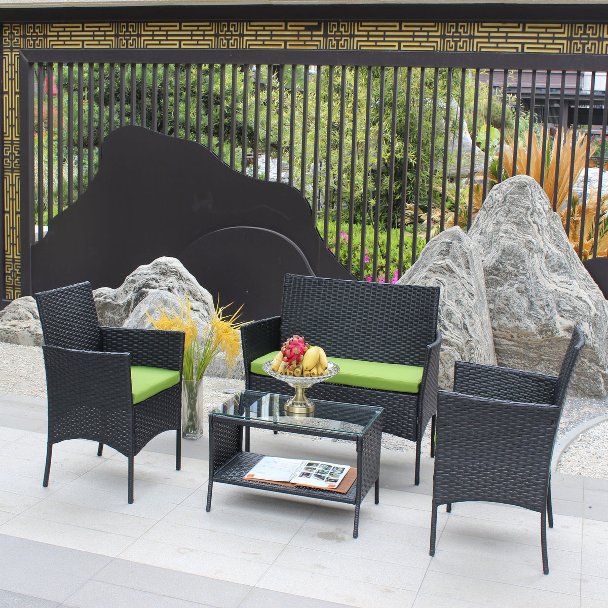 4 PC Rattan Patio Furniture Set Outdoor Cushioned Wicker Sofa Green Cushion