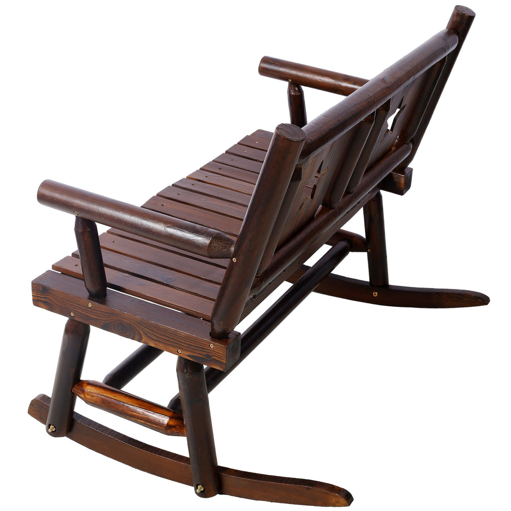 Rustic Outdoor Wood Rocking Bench Double Rocking Chair For 2 Persons With Curved Seat, Porch Rocker - Brown