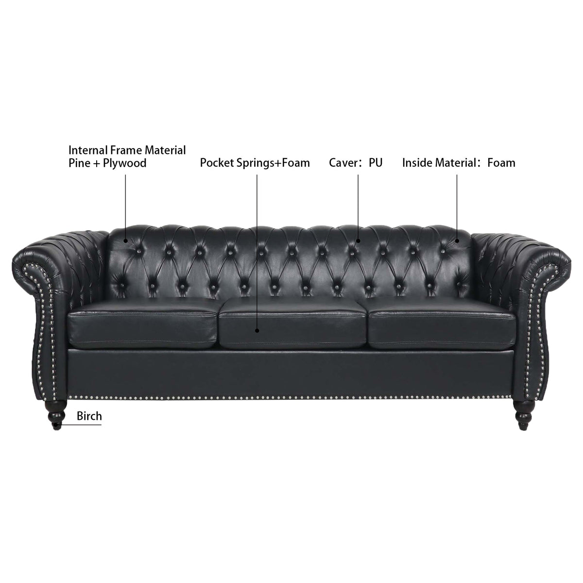 84.65" Black PU Rolled Arm Chesterfield Three Seater Sofa