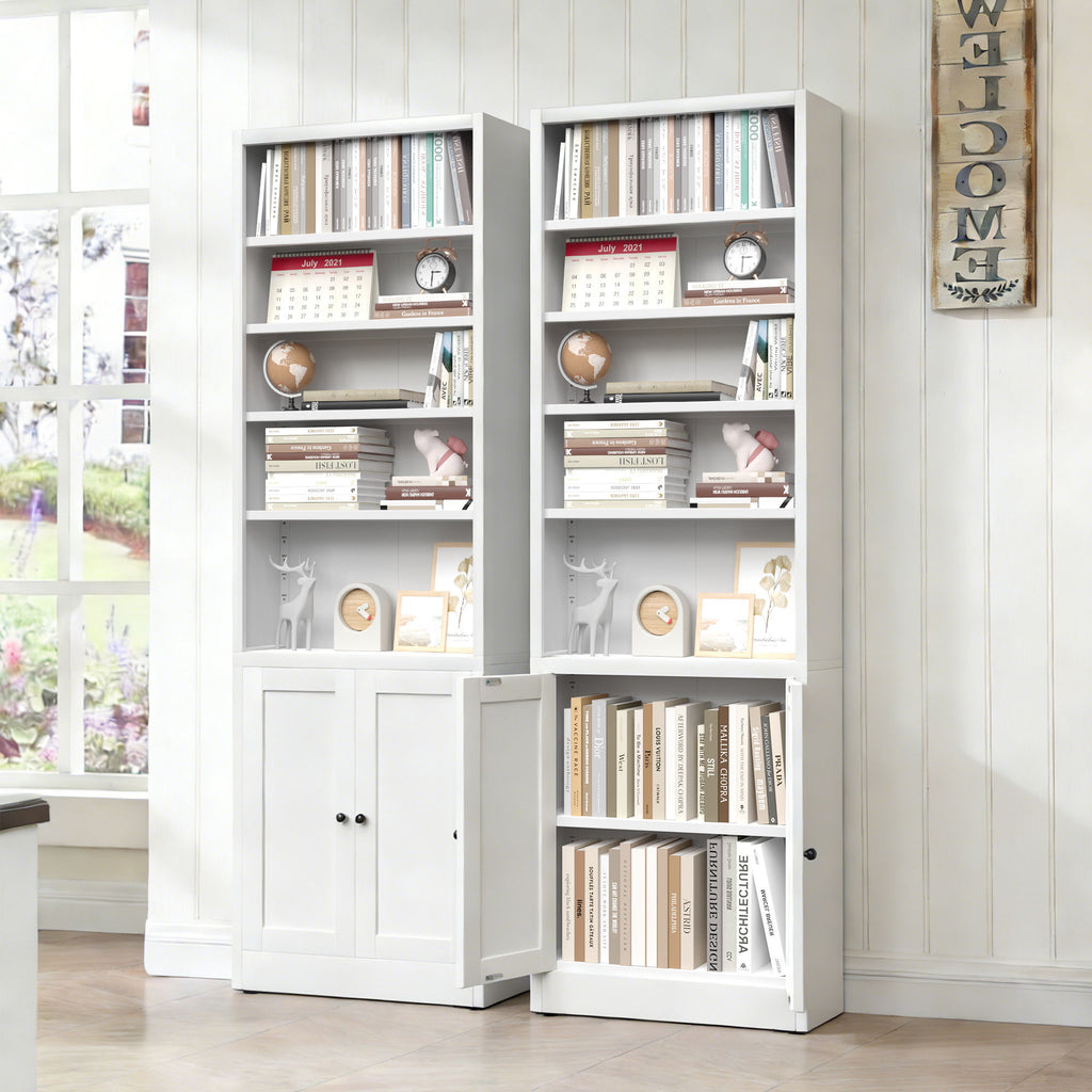 Bookcase Tall 5-Tier Adjustable Storage Shelf With Door Deep - White