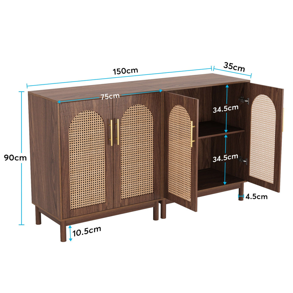 Sideboard Buffet Cabinet With Handwoven Rattan Doors (Set of 2) - Dark Brown