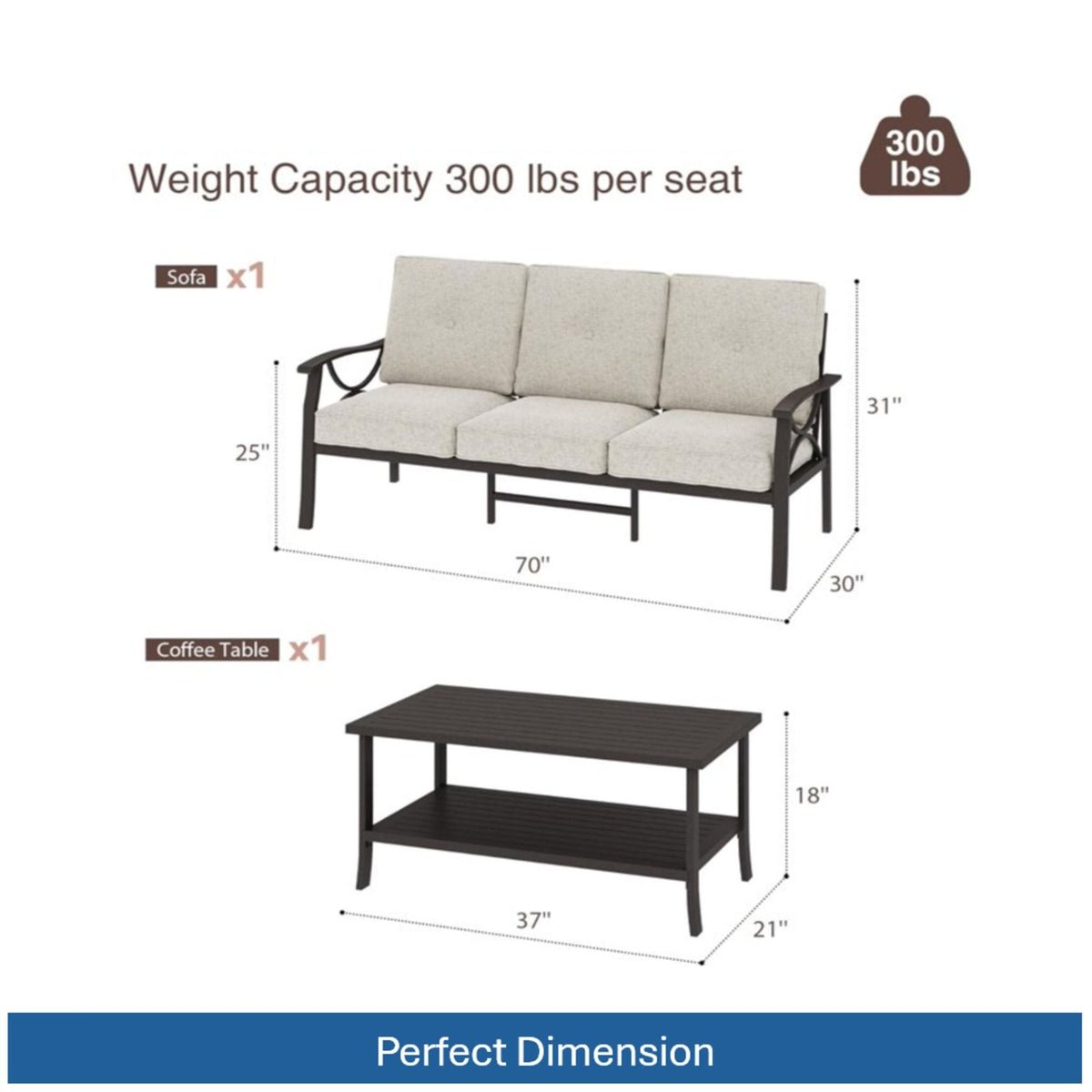 Patio Furniture Set with Coffee Table and Cushions for Backyard