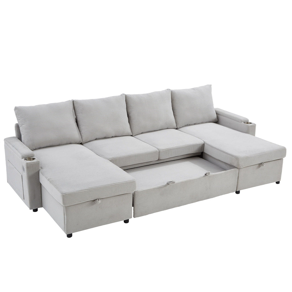 U Shaped Sectional Sofa Bed With Storage Chaise Lounges, USB Ports, And Cup Holders