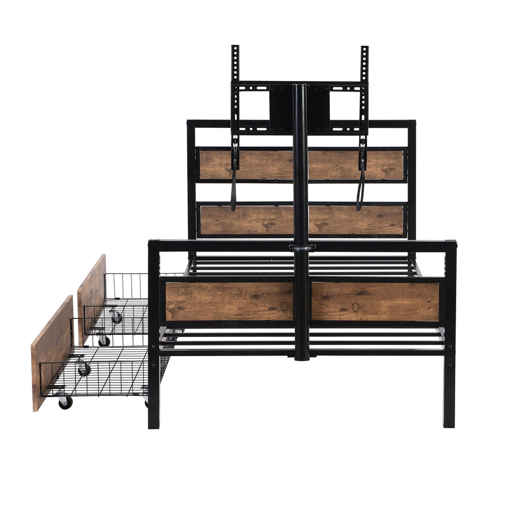 Twin Size Platform Bed With Headboard And Footboard, 2 Storage Drawers And Rotatable TV Stand - Black