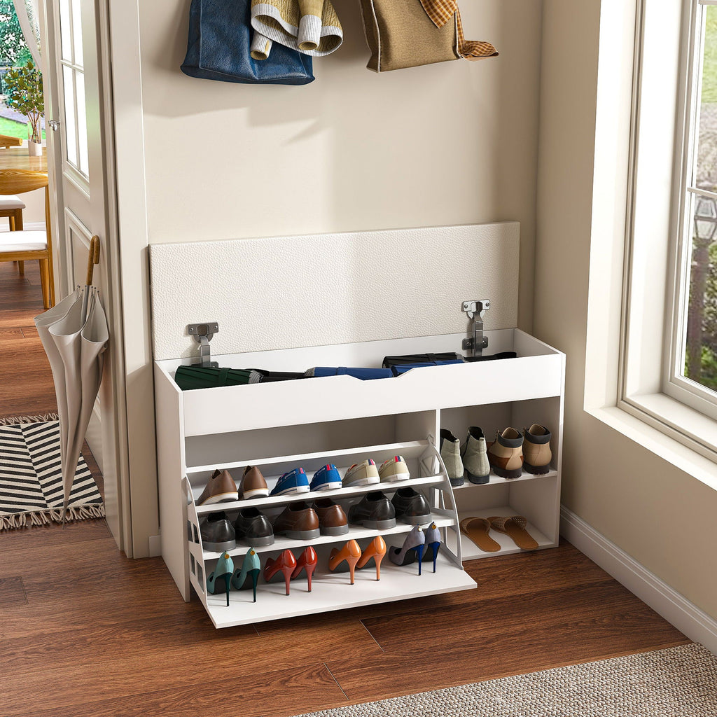 Modern Design Entryway Bench With Adjustable 3 Tier Flip-Up Drawers And Hidden Cabinet - White