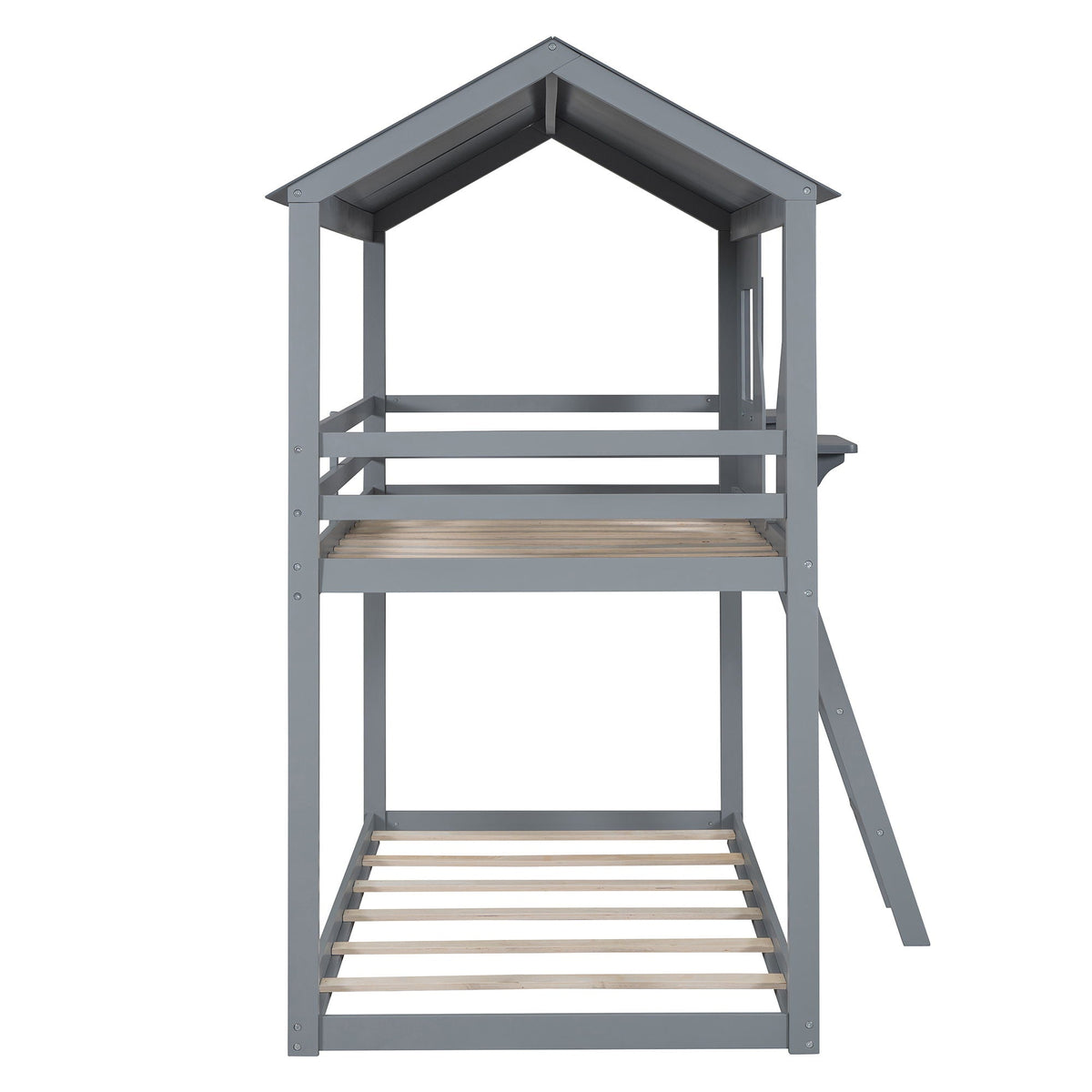 Twin Over Twin Bunk Bed With Roof, Window, Guardrail, Ladder