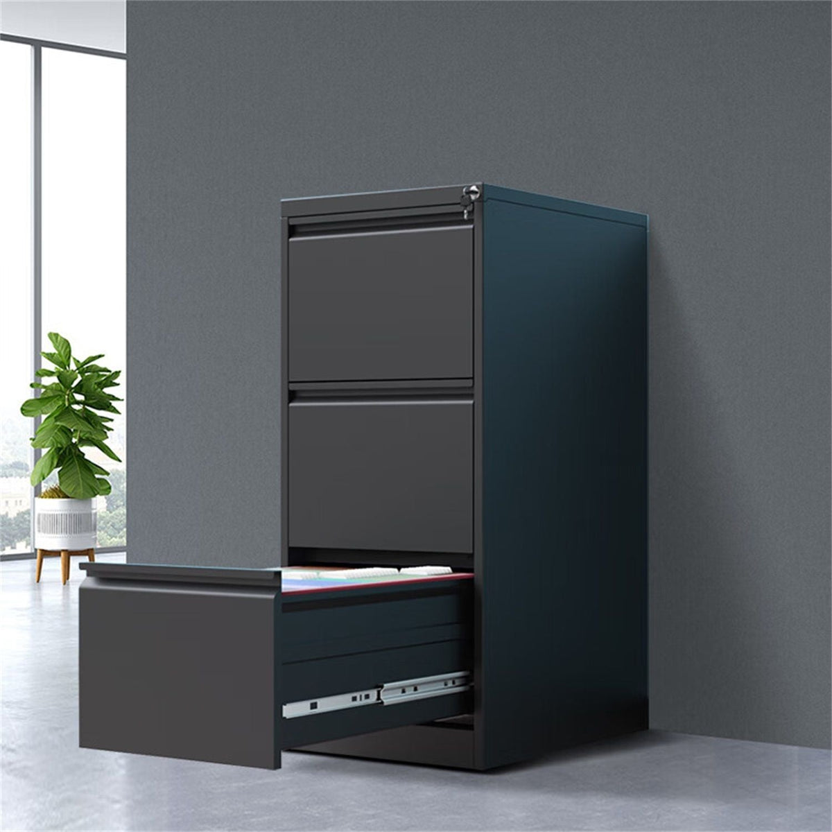 Durable Metal 3 Drawer File Cabinet With Lock For Office Storage