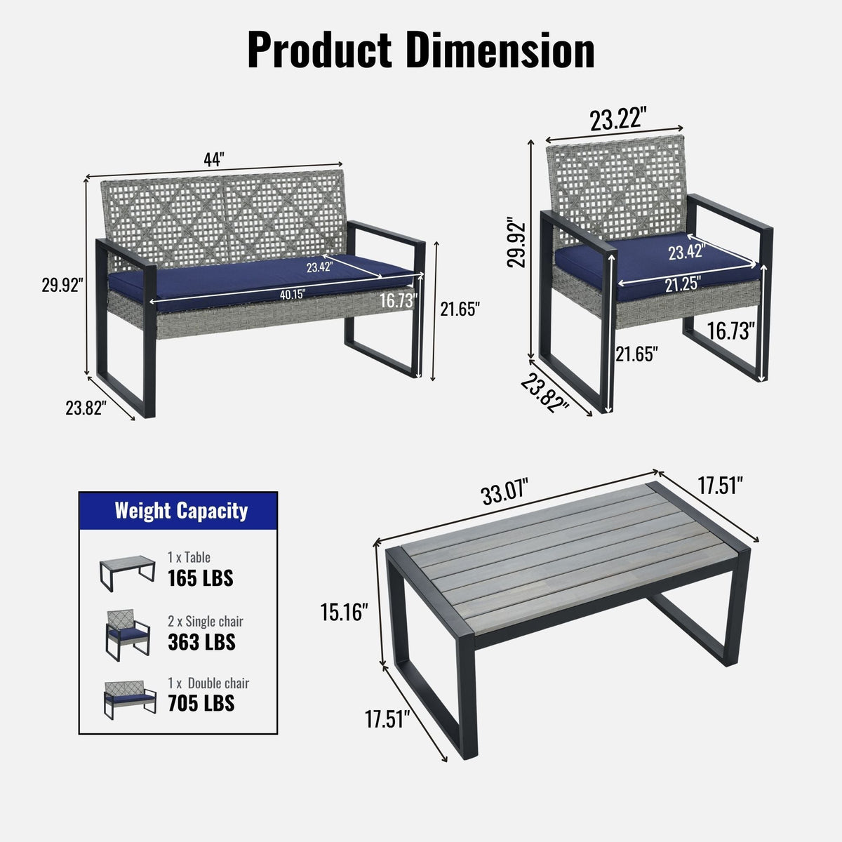 4 Piece Patio Furniture Set With Acacia Wood Table Top And Cushions