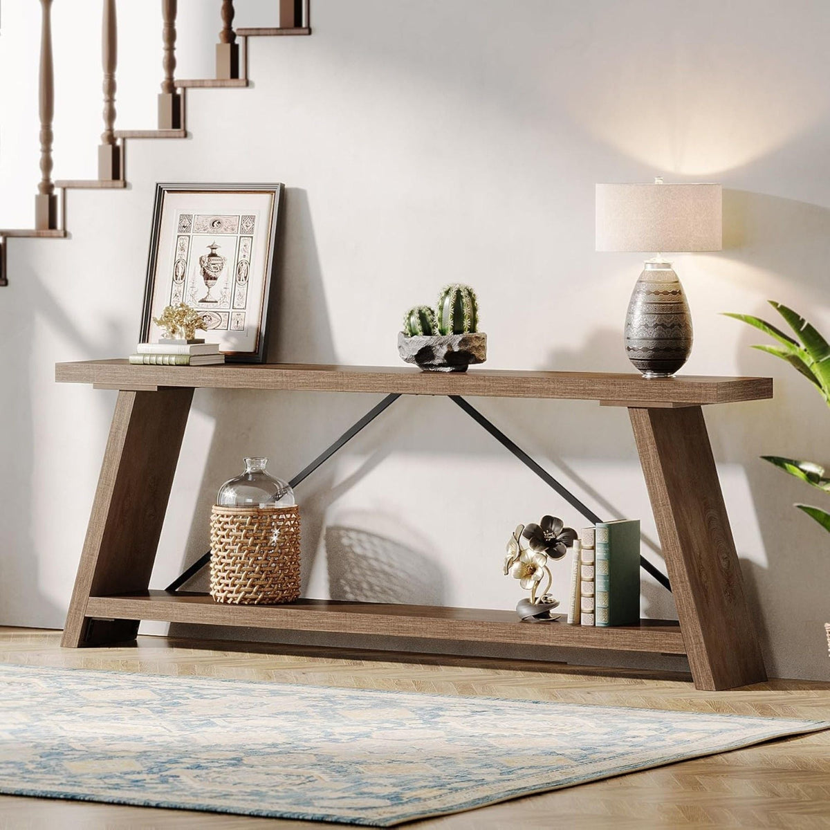 Console Table Extra Long Sofa Table With 2 Tier Shelves For Living Room