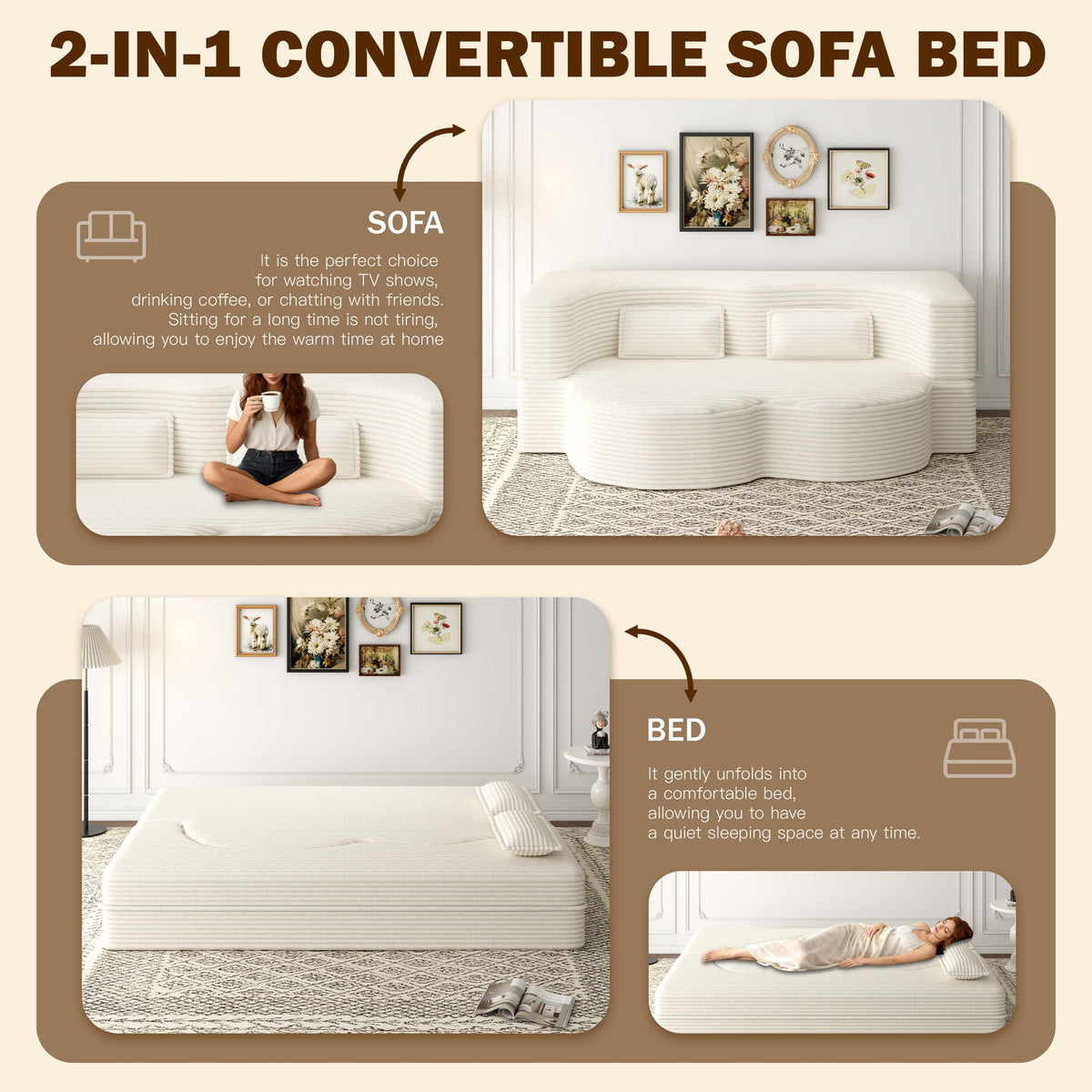 Floor Sofa With 2 Pillows, Convertible Twin Size Mattress For Living Room