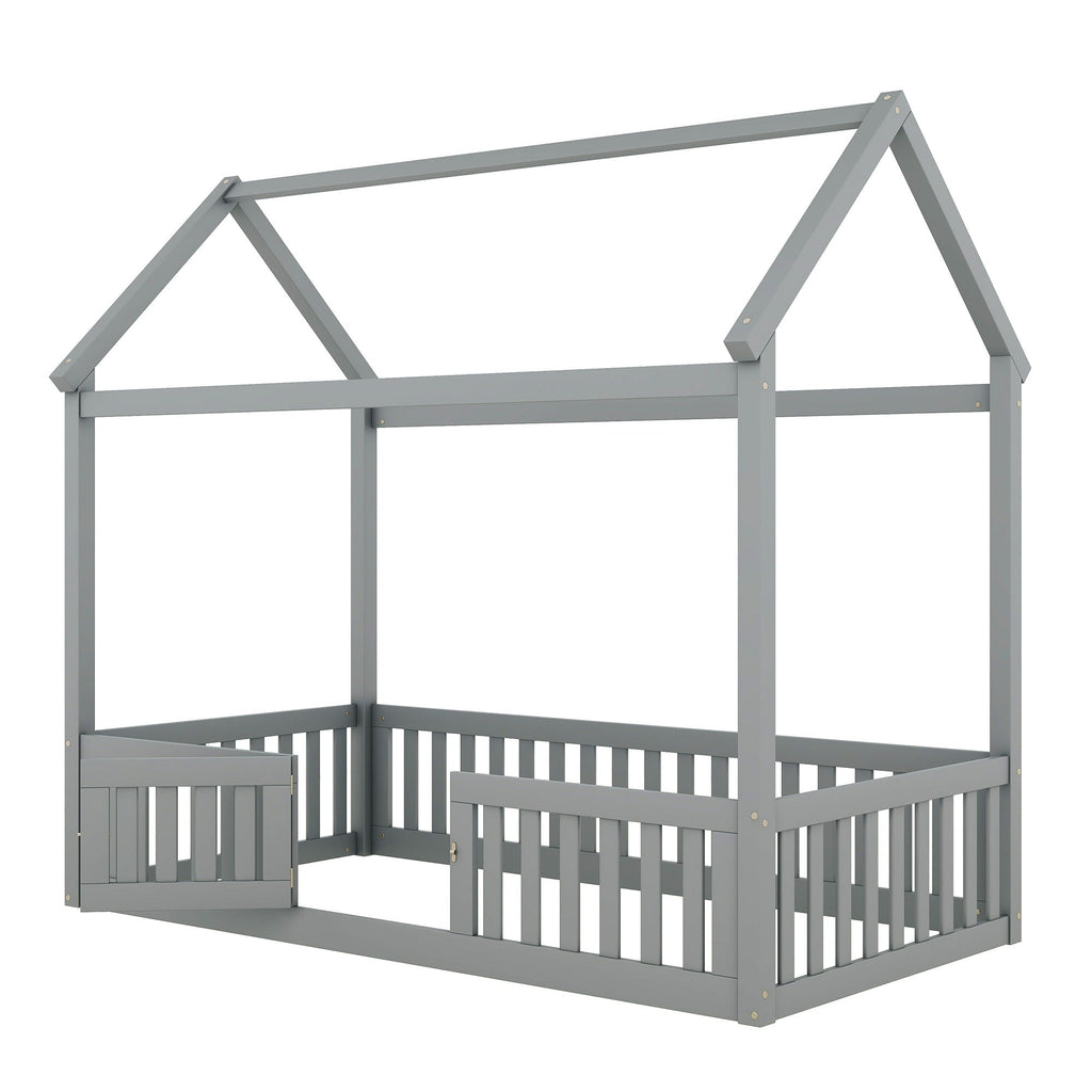 Wood House Bed With Fence And Door