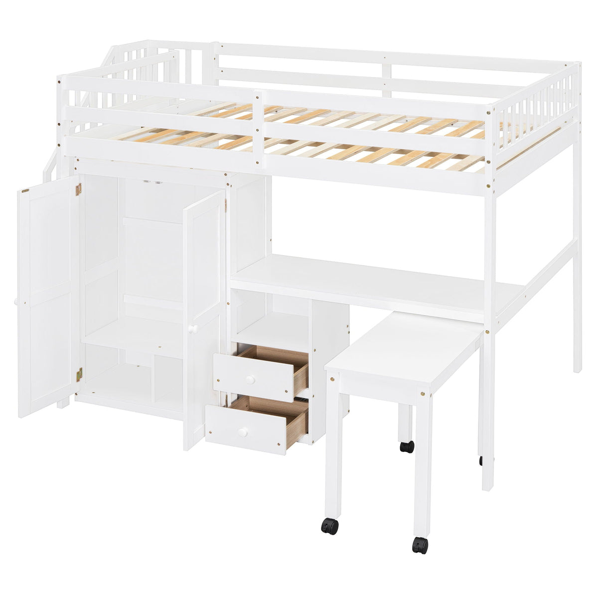 Loft Bed With Stairs, Bookshelf, Drawers, Desk & Wardrobe, Space Saving Multifunctional Furniture