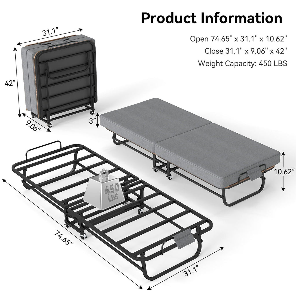 Portable Folding Bed With Memory Foam Mattress, Lockable - Gray