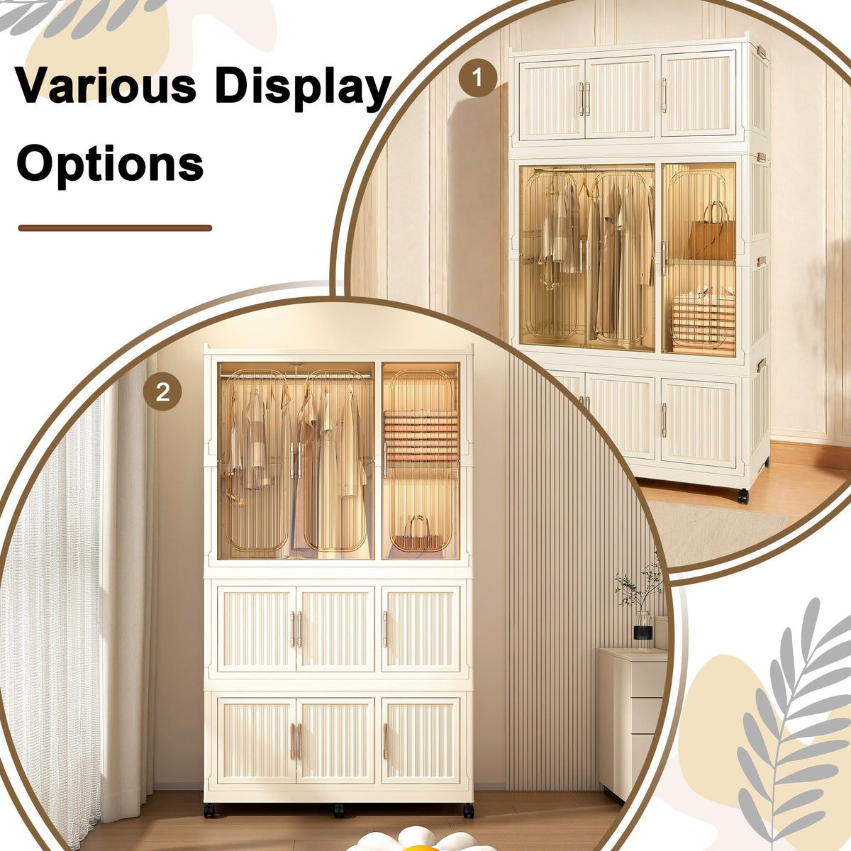 Portable Wardrobe Closet Storage Organizer With 9 Magnetic Doors - Cream White