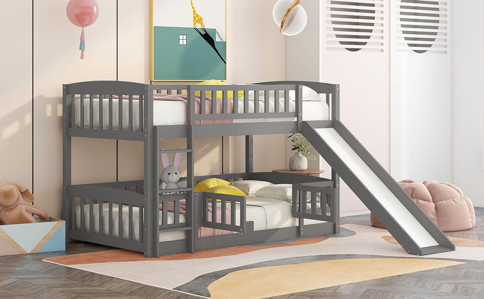 Low Bunk Bed With Slide, Fence And Ladder