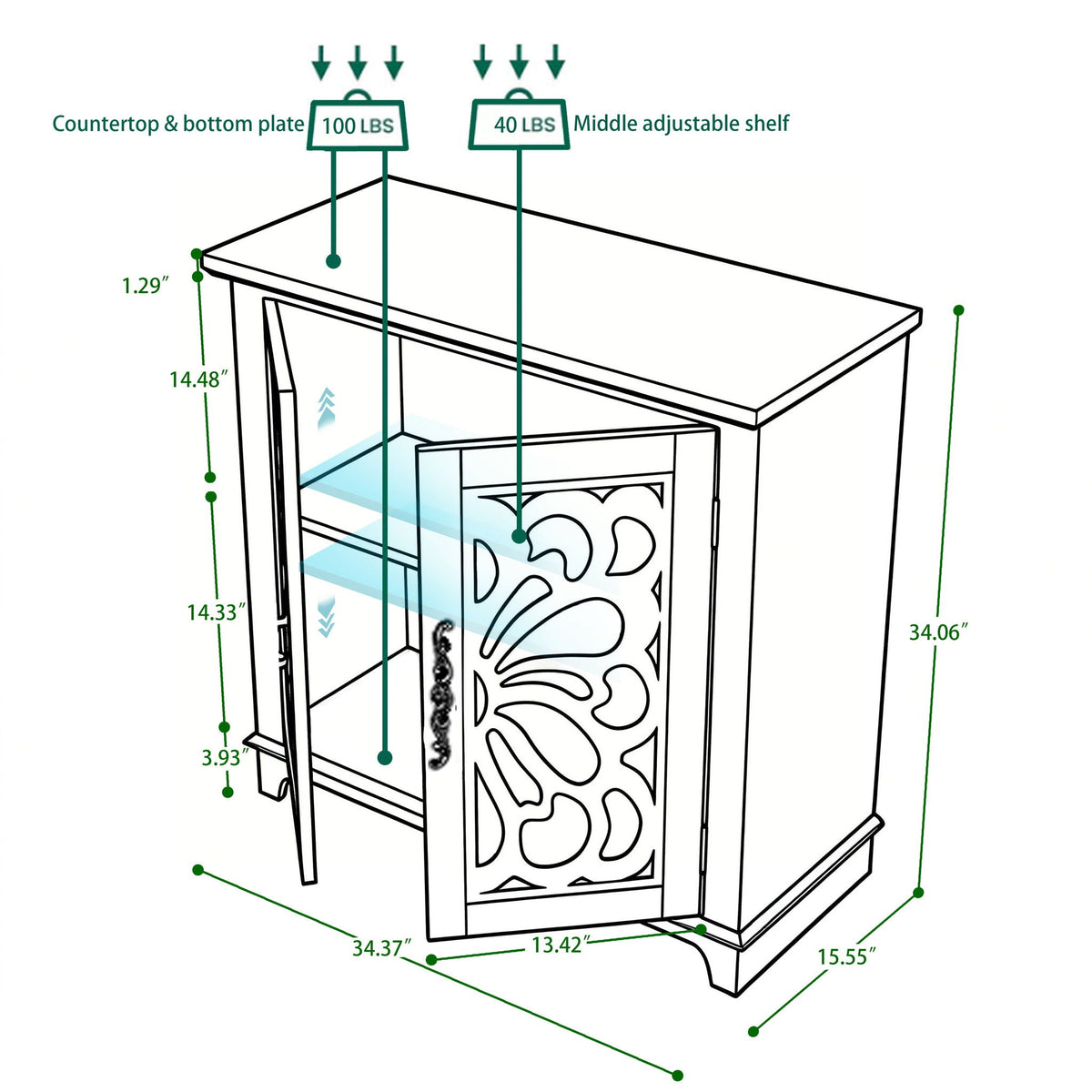 Elegant Sideboard With 2 Acrylic Mirrored Doors, Adjustable Shelf Storage
