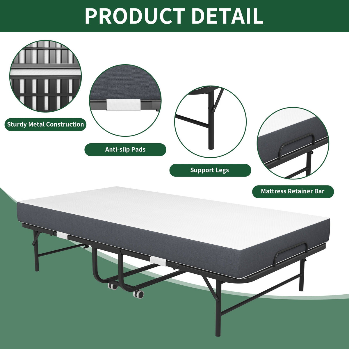 Twin Extra Long Folding Bed For Tall People, Heavy-Duty Rollaway Guest With Memory Foam Mattress - Black