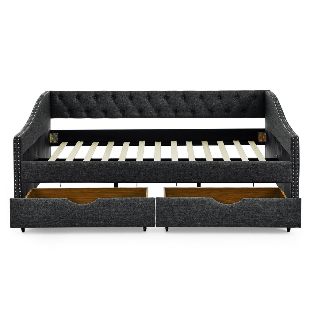 Upholstered Tufted Daybed With 2 Drawers, Waved Arms
