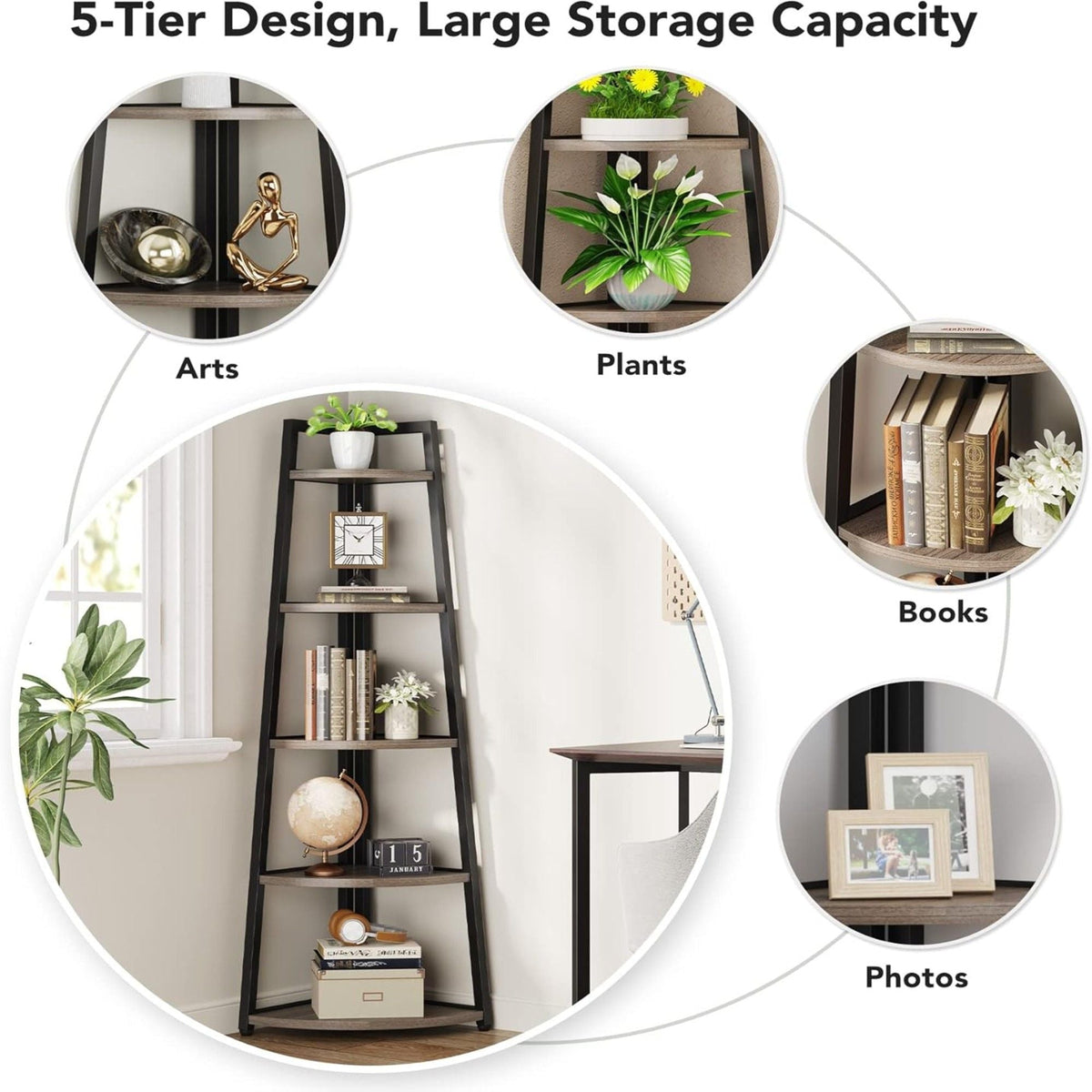 Tall 5 Tier Corner Bookshelf For Living Room