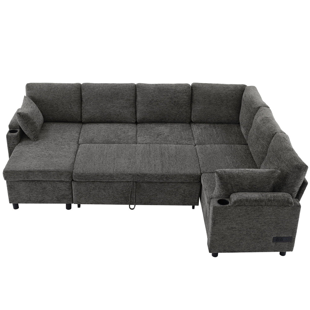 U-Shaped Sectional Sleeper Sofa With Ample Storage Space, 2 Cup Holders And Charging Ports For Living Room