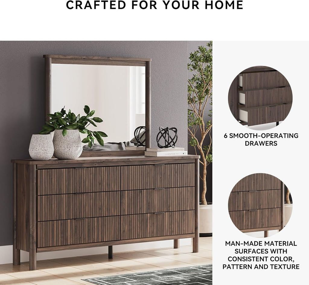 Signature Design by Ashley Cadmori Classic 6-Drawer Dresser and Mirror with Tipping Restraint Package, Dark Brown