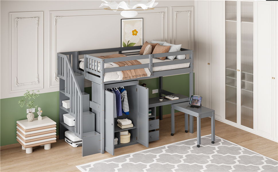 Loft Bed With Stairs, Bookshelf, Drawers, Desk & Wardrobe, Space Saving Multifunctional Furniture