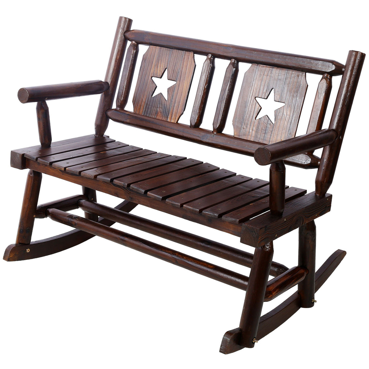 Rustic Outdoor Wood Rocking Bench Double Rocking Chair For 2 Persons With Curved Seat, Porch Rocker - Brown