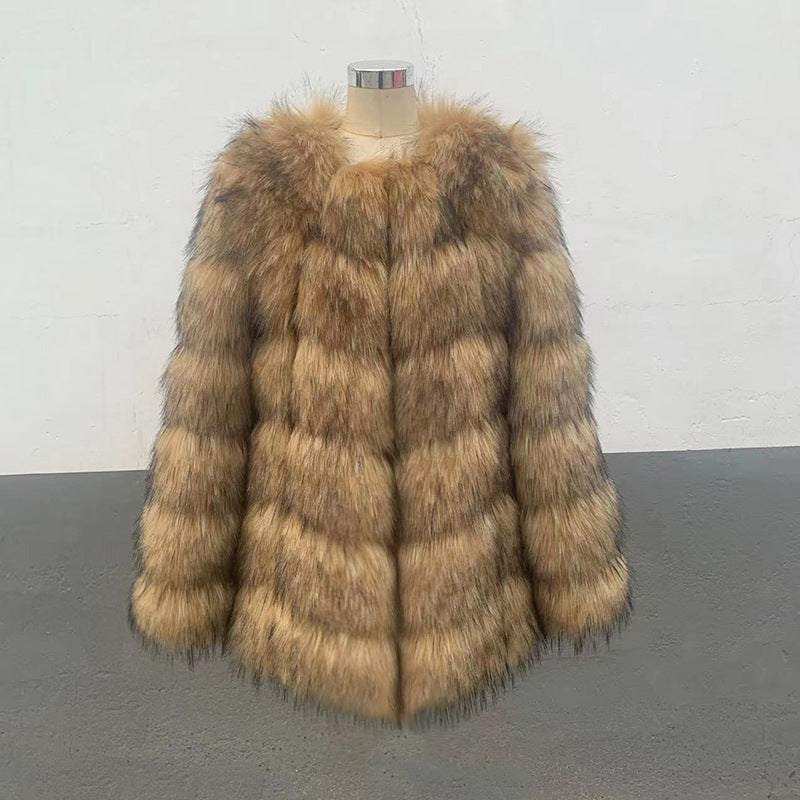 Coat Womens Faux Raccoon Patchwork Synthetic Fur Overcoat