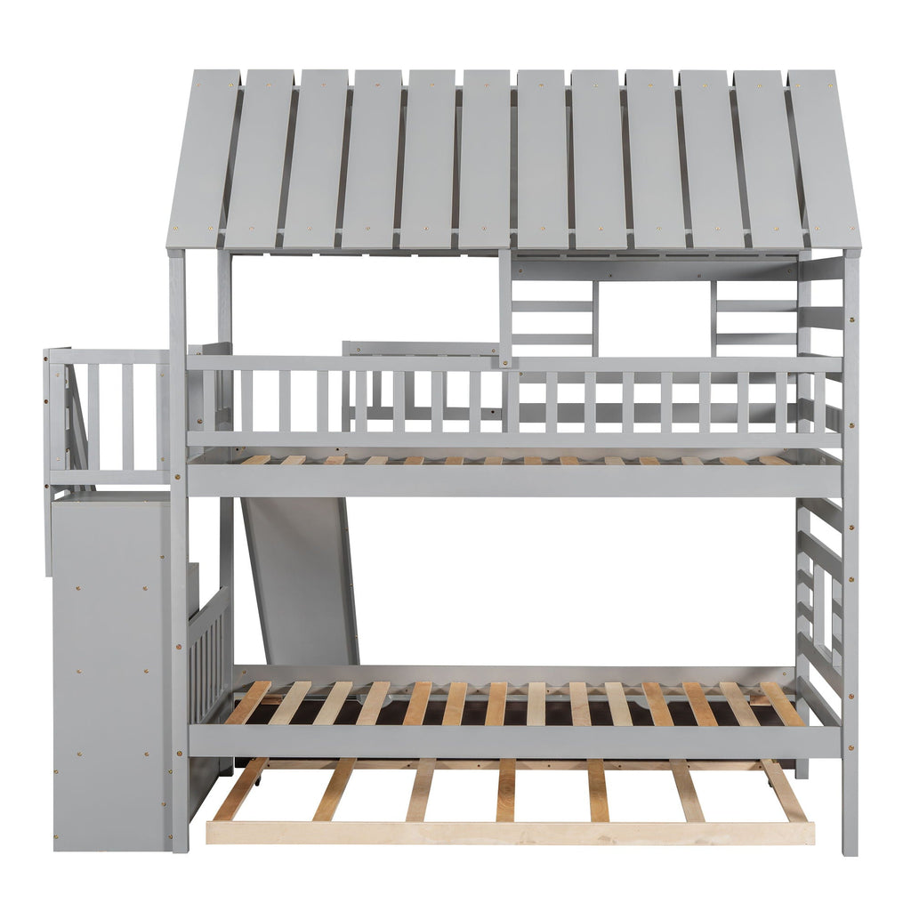 House Bunk Bed With Trundle, Storage Staircase, Roof And Window Design