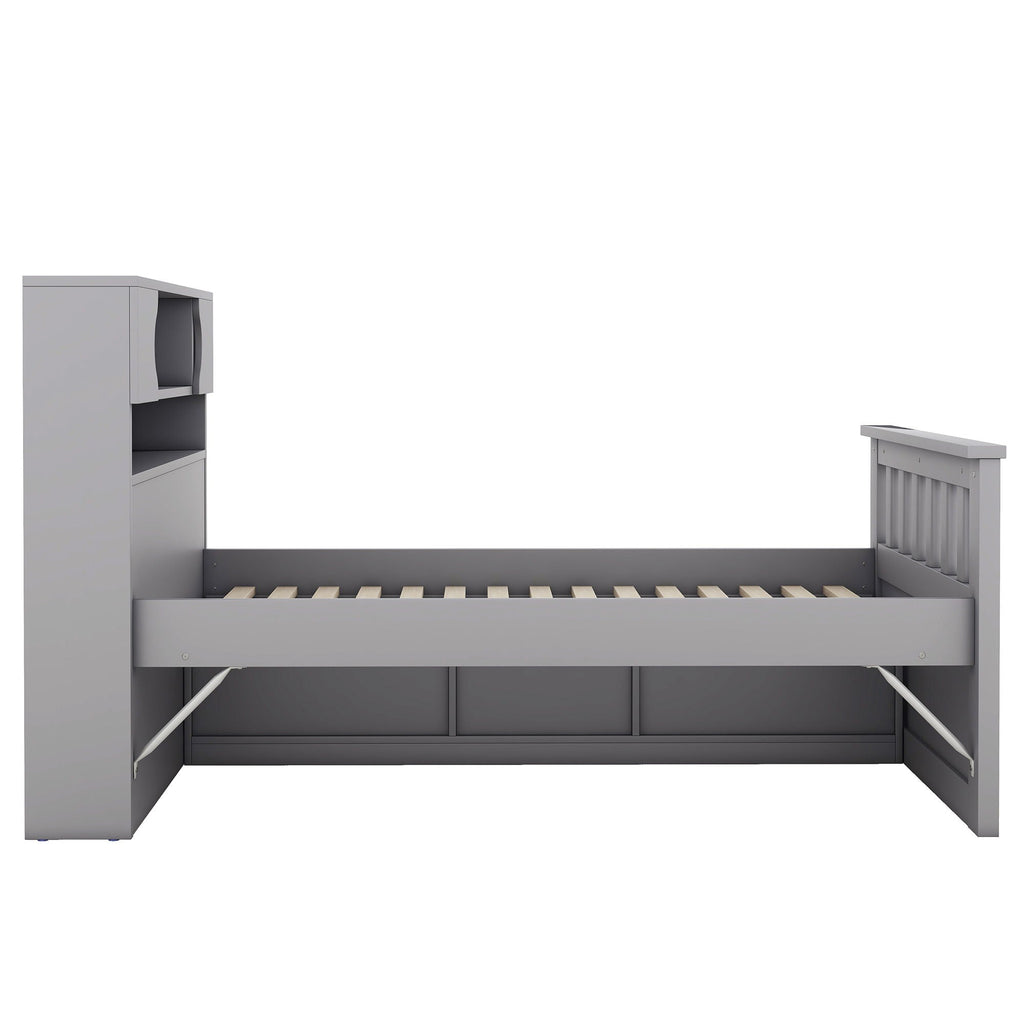 Captain Platform Bed Frame With Storage Bookcases, Shelves, And 4 Drawers