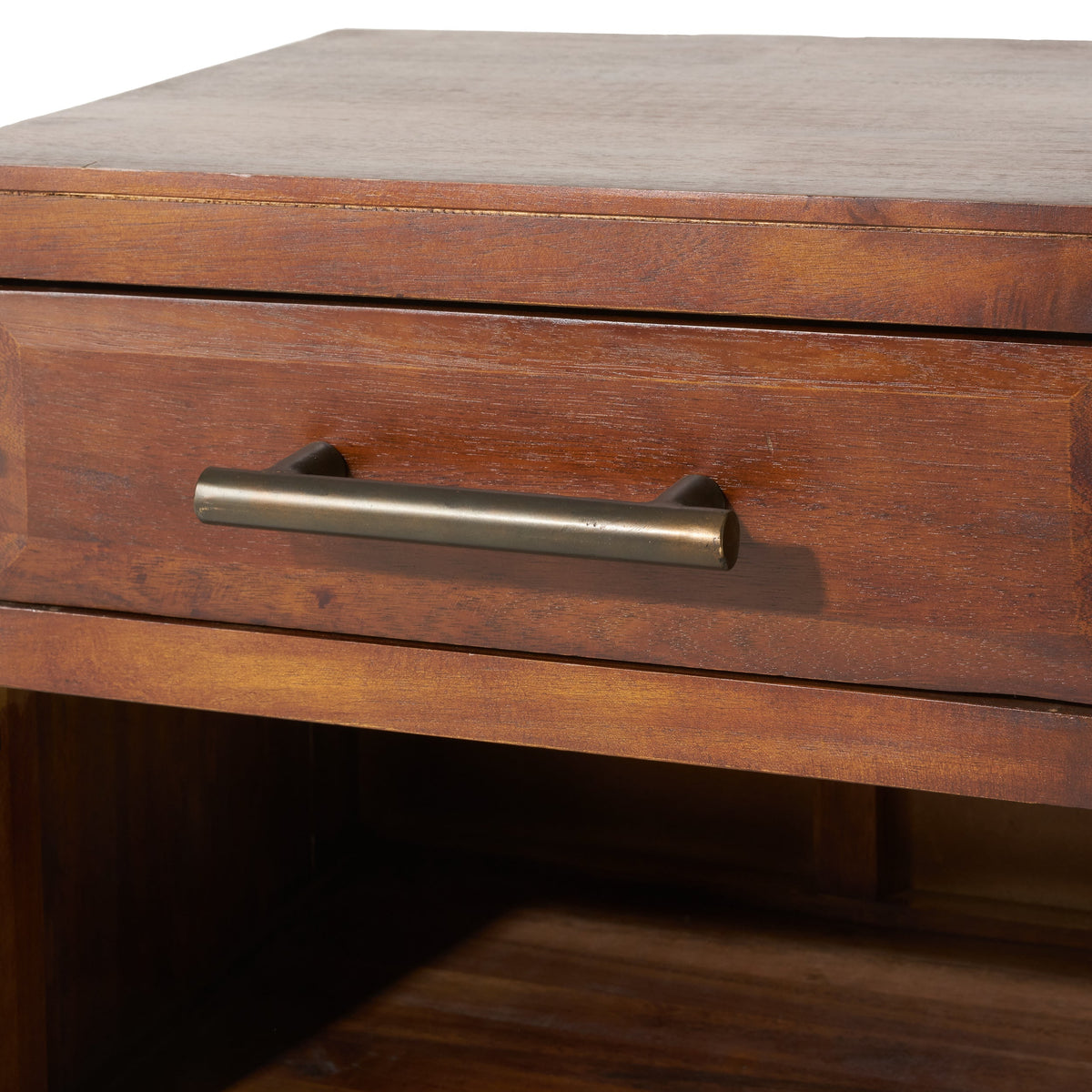 End Table in Brown Acacia Wood with Storage Drawer and Shelf
