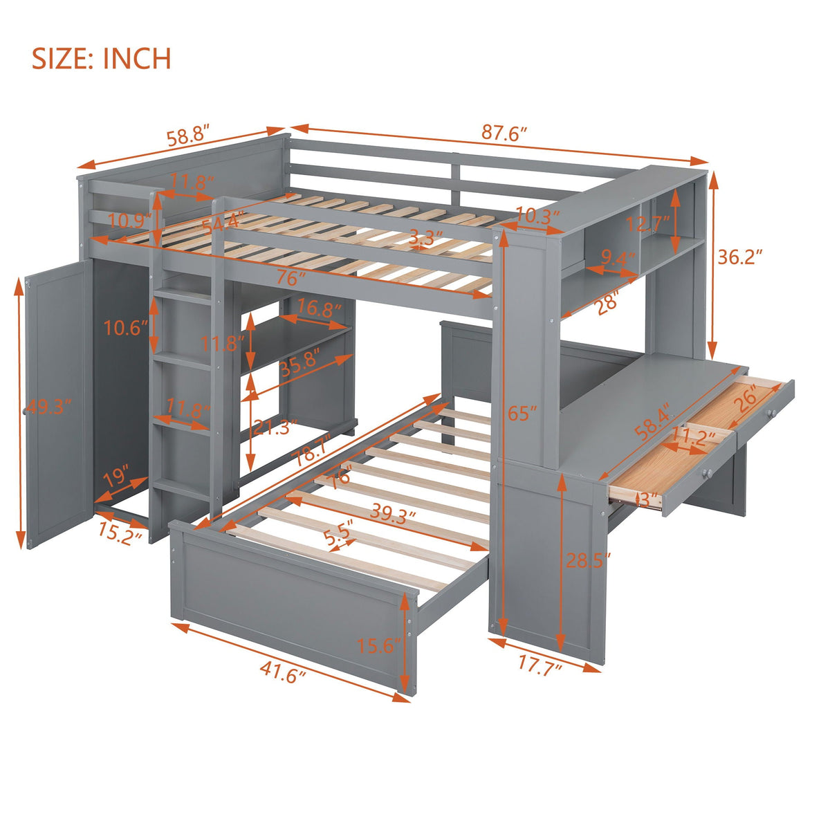 Loft Bed With A Twin Size Standalone Bed, Shelves, Desk, And Wardrobe