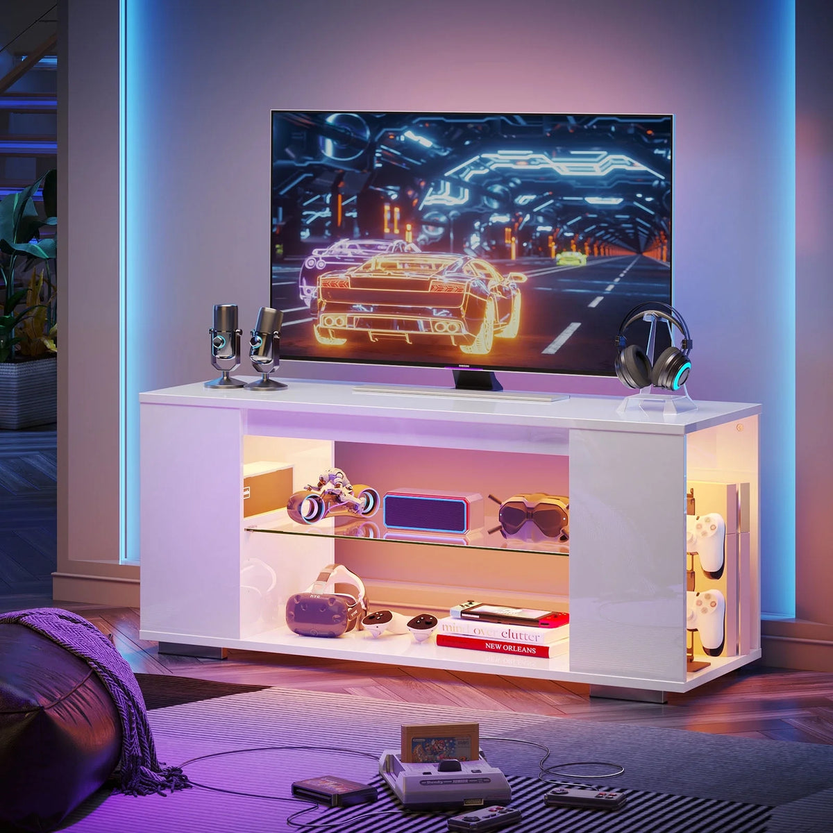 47'' TV Stand for Tvs up to 55", Gaming Entertainment Center with LED Lights, White