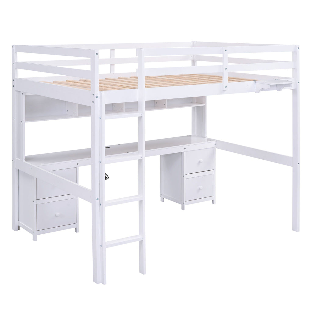 Full Size Loft Bed With Desk, Cabinets, Drawers, Charging Station And Bedside Tray, Sturdy Frame, No Box Spring Required - White