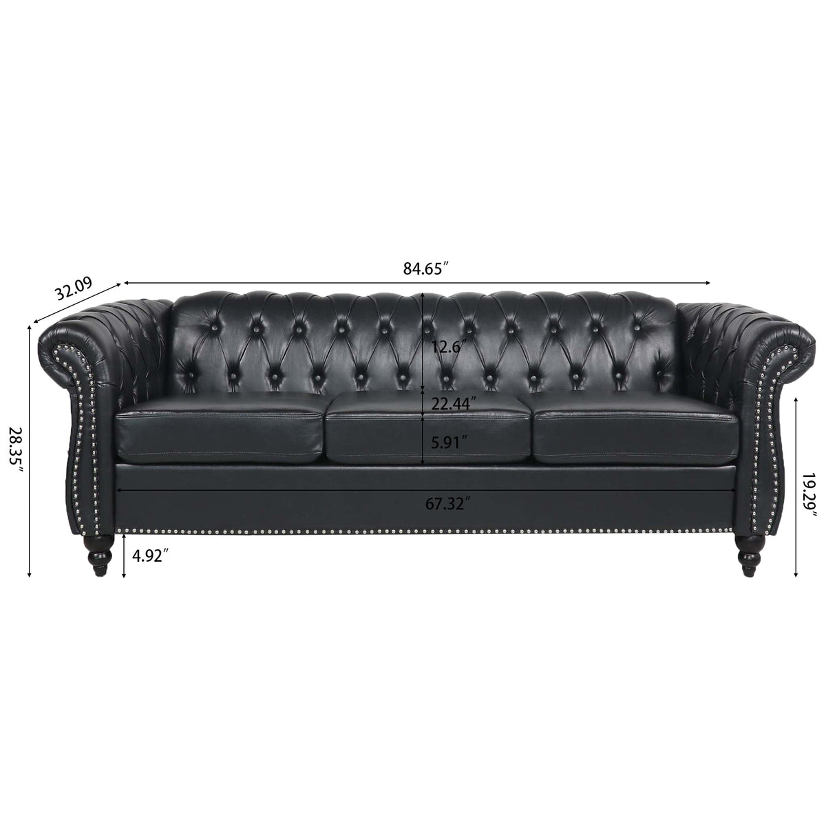 84.65" Black PU Rolled Arm Chesterfield Three Seater Sofa