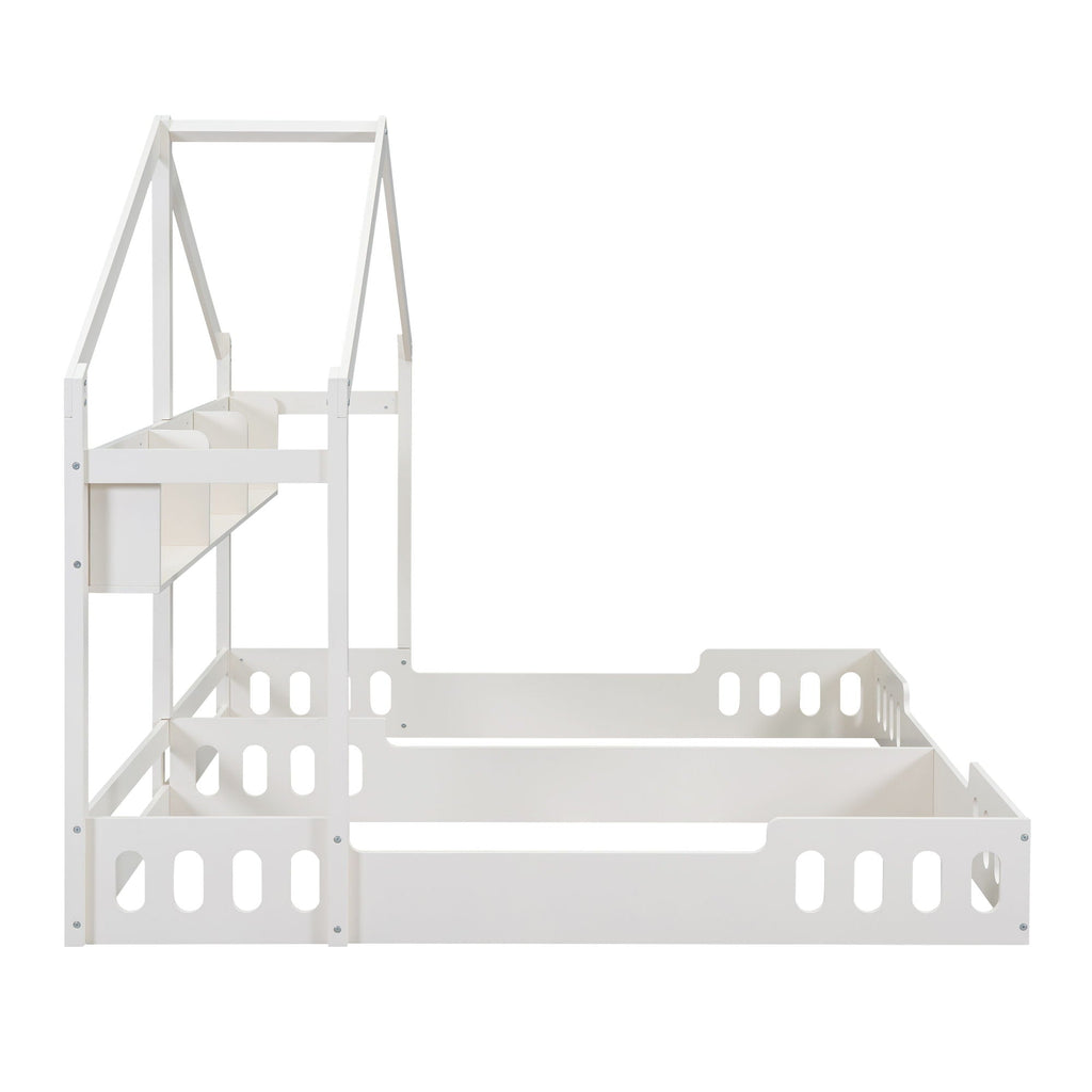 Twin Size Platform Bed With Shared Design, Guardrails, And Built In Shelves - Creamy White