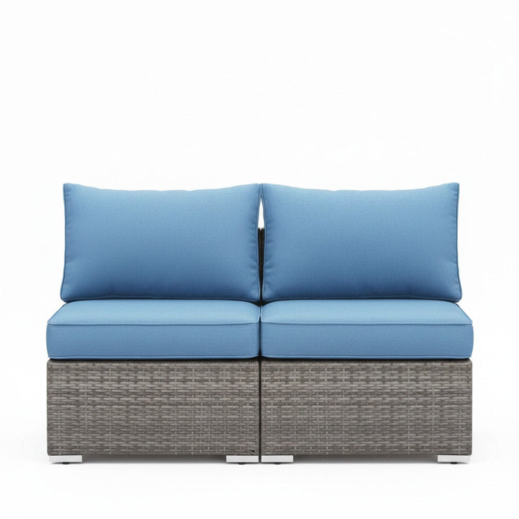 Armless Patio Sofa Set, With UV Resistant Frame And Waterproof Cushions - Blue / Brown