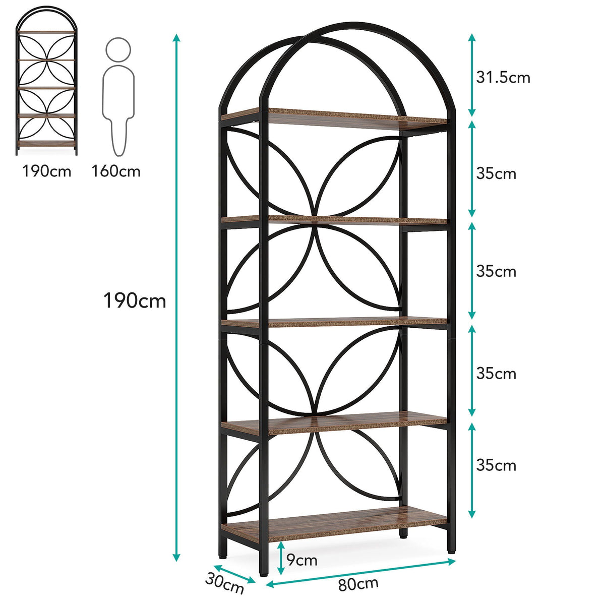 Tall 5 Tier Arched Bookshelf With Shelves For Living Room - Rustic Brown