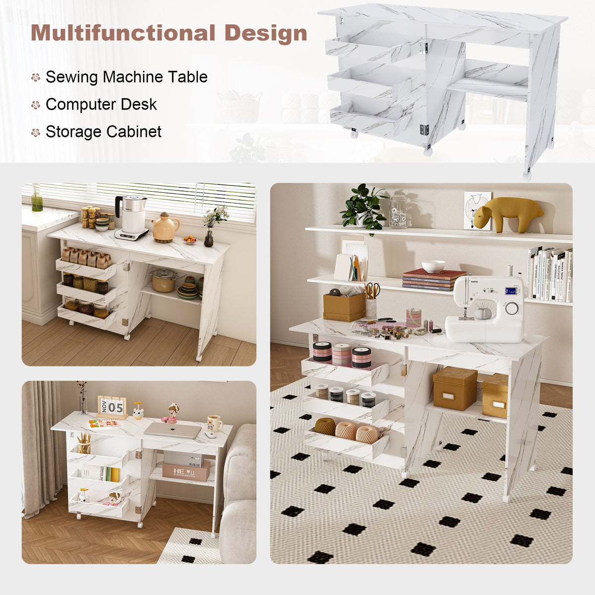 4 In 1 Folding Sewing Table With Lockable Wheels, Multi Functional Craft Station - White