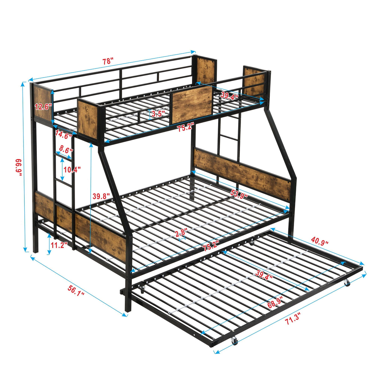 Modern Metal Bunk Bed With Side Ladders And Guardrail